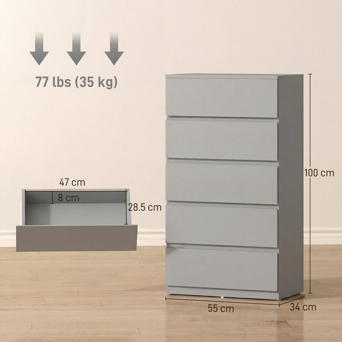HOMCOM Chest of Drawers, 5-Drawer Storage Cabinets, Modern Dresser, Storage Drawer for Bedroom