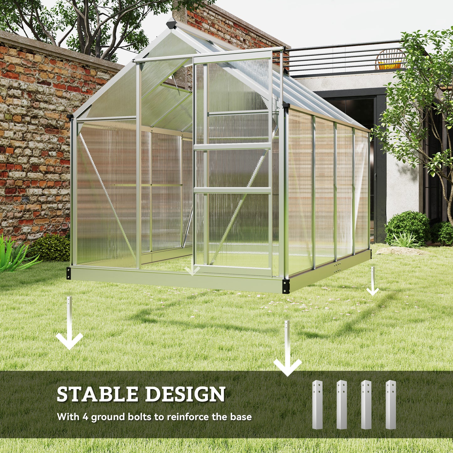 Outsunny Polycarbonate Greenhouse, Large Walk-In Green House with Slide Door and Window, Aluminium Frame, 6x8ft, Silver Tone