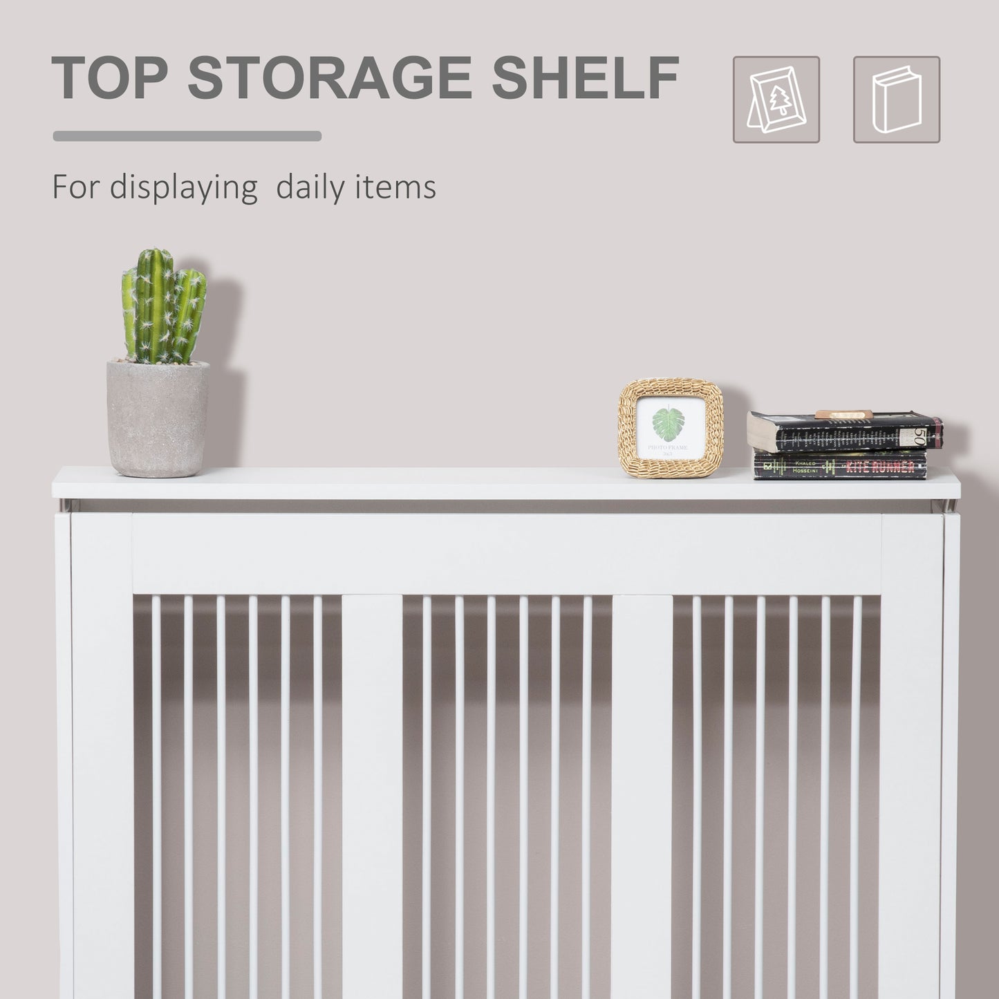 HOMCOM Radiator Cover Vertical Slatted Grille Heater Cover Top Shelf MDF Steel for Heat Circulation 90 x 18 x 84 cm White