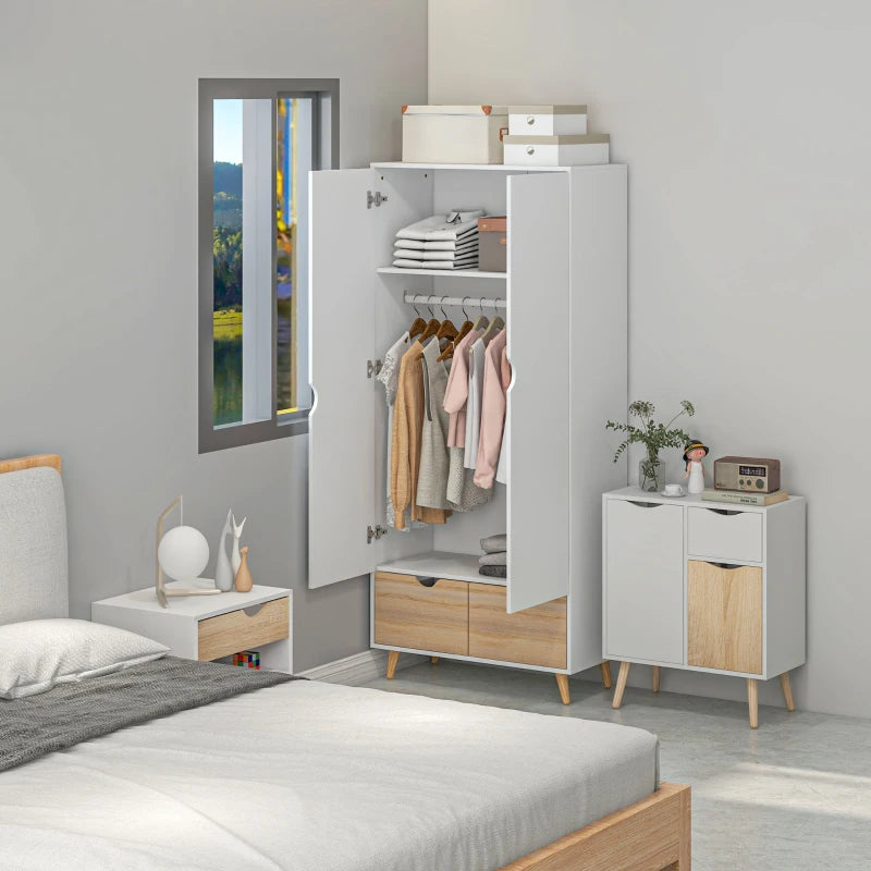 HOMCOM Bedroom Furniture Set, Wardrobe with Hanging Rail, Bedside Table, Floor Cabinet with Storage, Nature Wood Finish and White