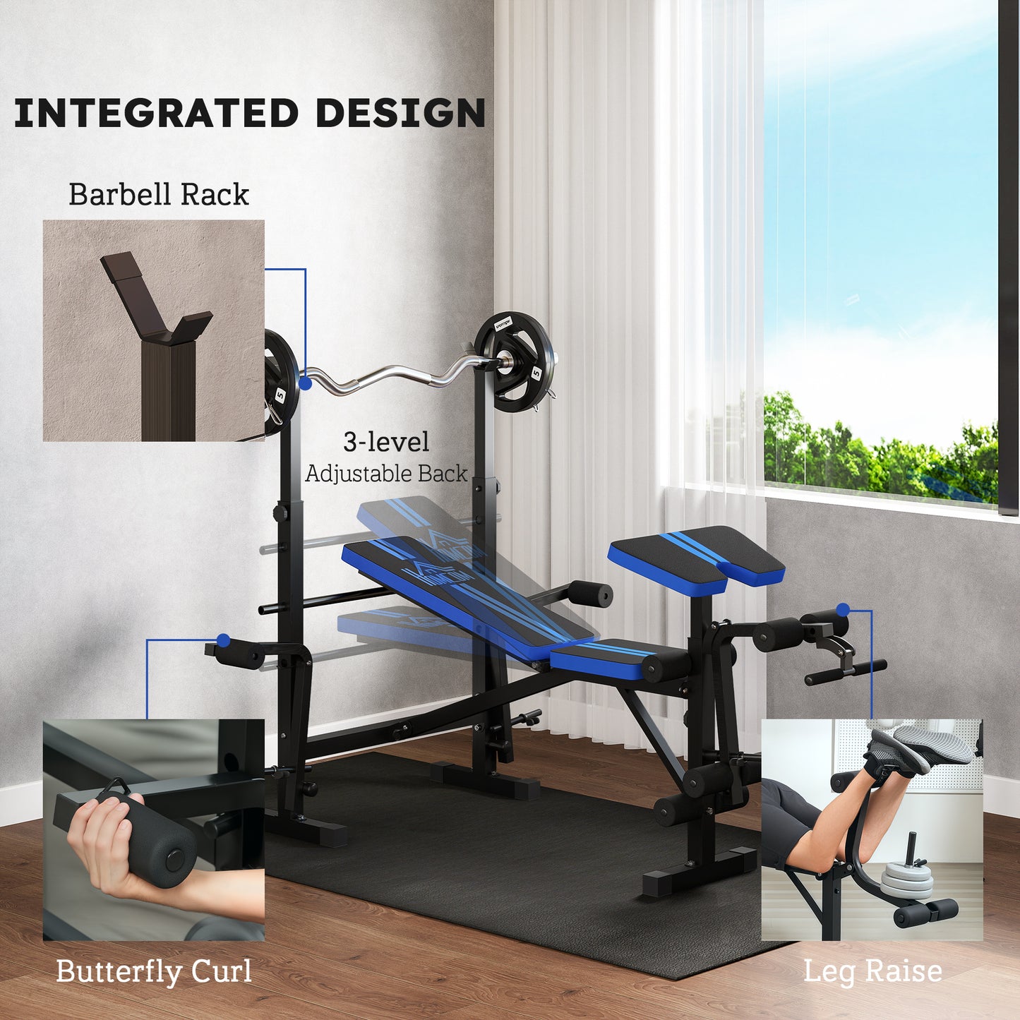 HOMCOM Adjustable Weight Bench with Leg Developer & Barbell Rack for Strength Training, Multifunctional Home Gym Workout Station, Blue