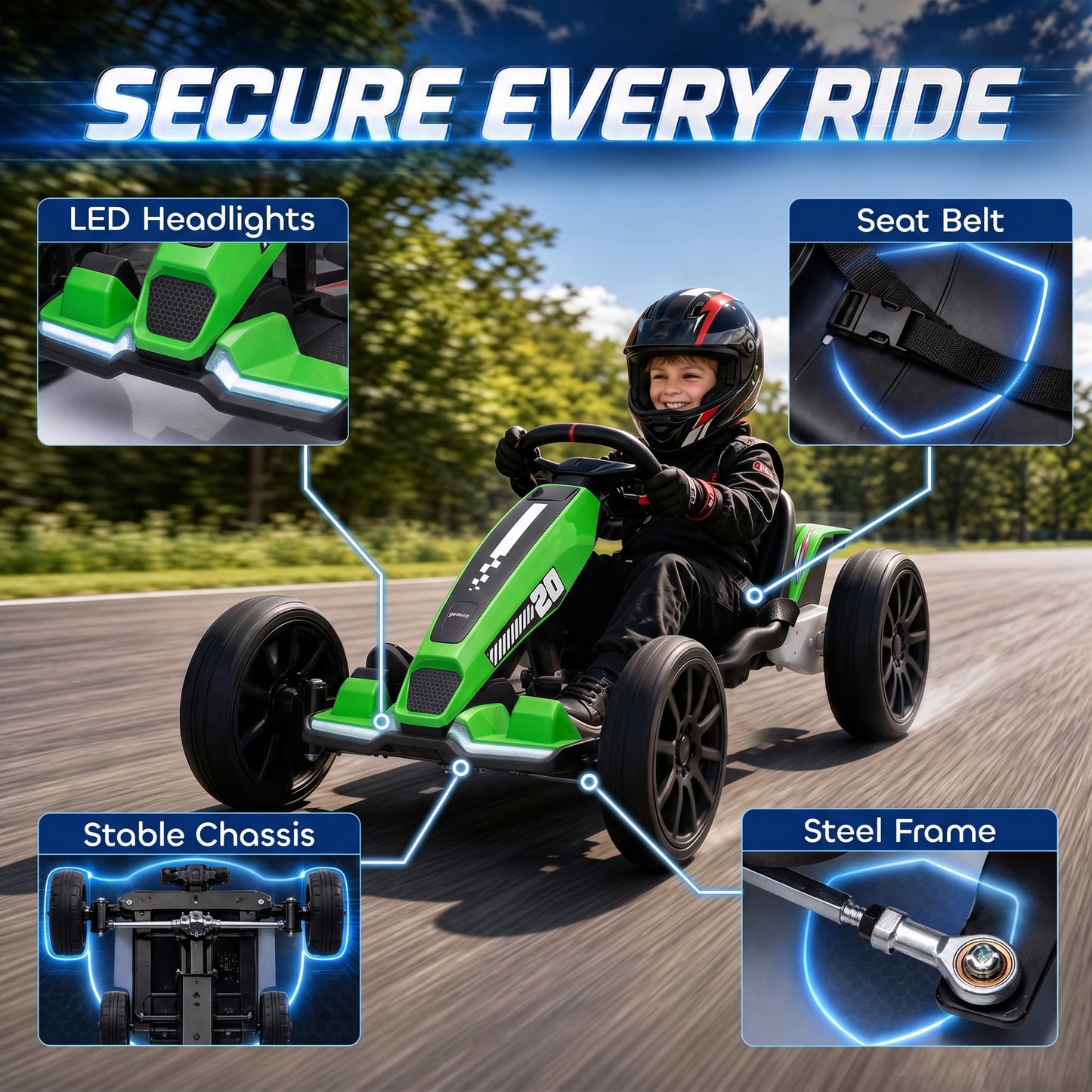 AIYAPLAY 12V Electric Go Kart for Kids with Dual Motors, Adjustable Seat, Soft Start, LED Lights, EVA Wheels, for Age 3-6, Green