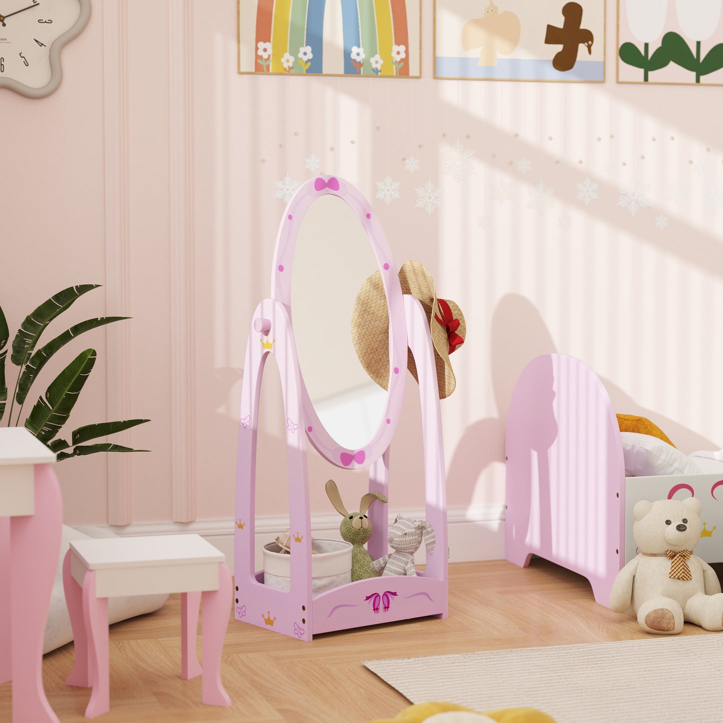 AIYAPLAY Kids Full Length Mirror, 360° Rotating Children Standing Mirror with Storage Shelf, Pink