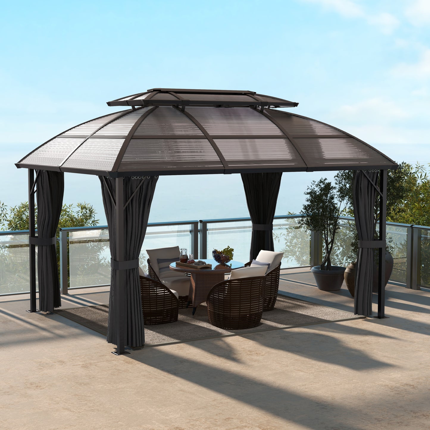 Outsunny 4 x 3m Aluminium Frame Hard Gazebo with Accessories - Brown