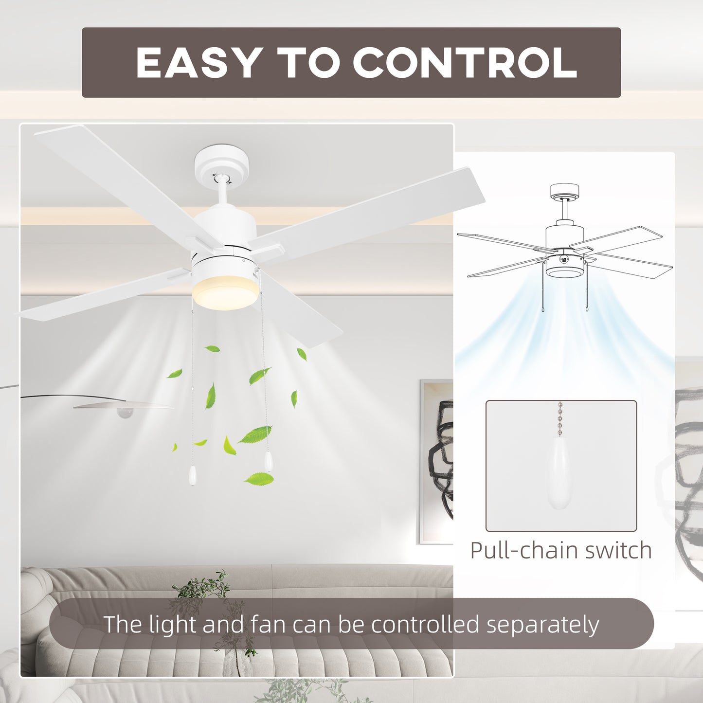 HOMCOM Ceiling Fan with LED Light Flush Mount Ceiling Fan Lights with Reversible Blades Pull-chain White and Natural Tone