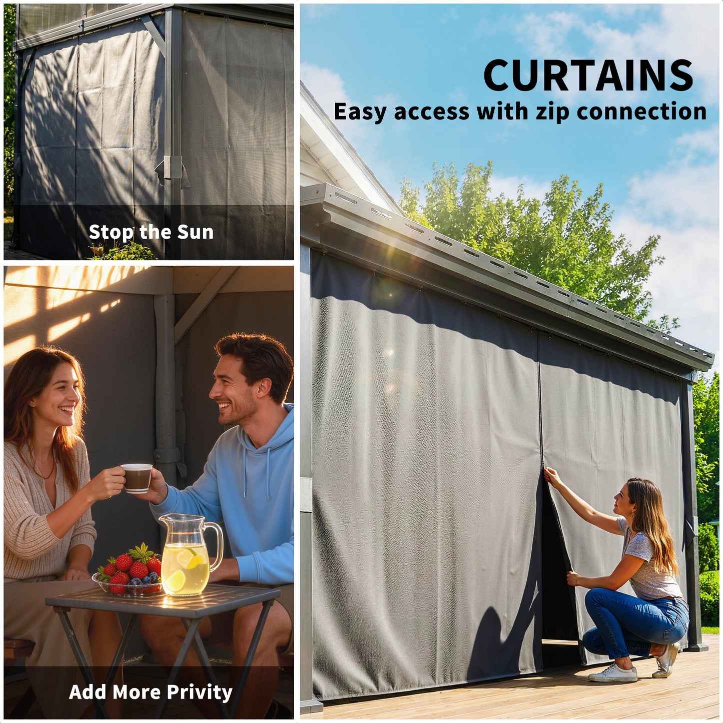 Outsunny 4.3 x 3 m Garden Pergola with Galvanised Steel Roof, Lean to Pergola Gazebo with Netting Curtains, Dark Grey