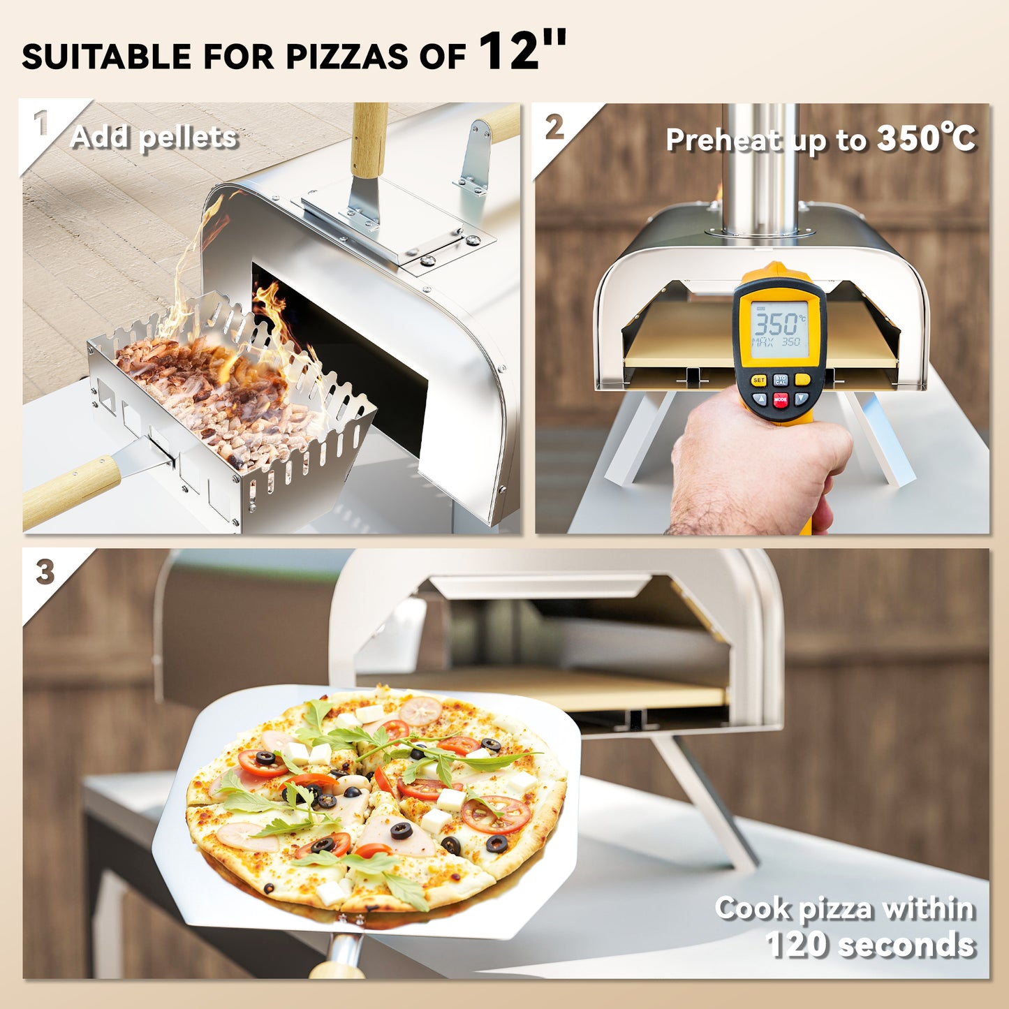 Outsunny Portable Wood Pellet Pizza Oven with Stone & Peel, Foldable Legs, Chimney, 12" Wood Fired Pizza Maker, Stainless Steel for Outdoor Cooking