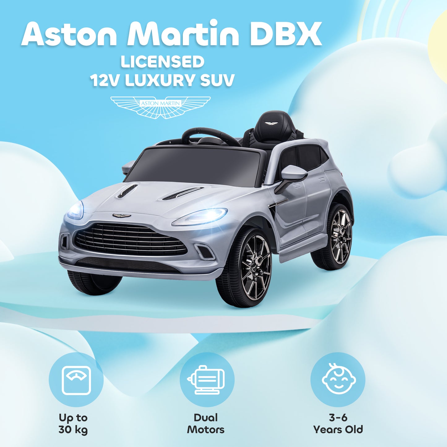 AIYAPLAY Aston Martin DBX Licensed Battery Powered Kids Electric Car, 12V Kids Ride on Car w/ Lights, Music Horn, Grey