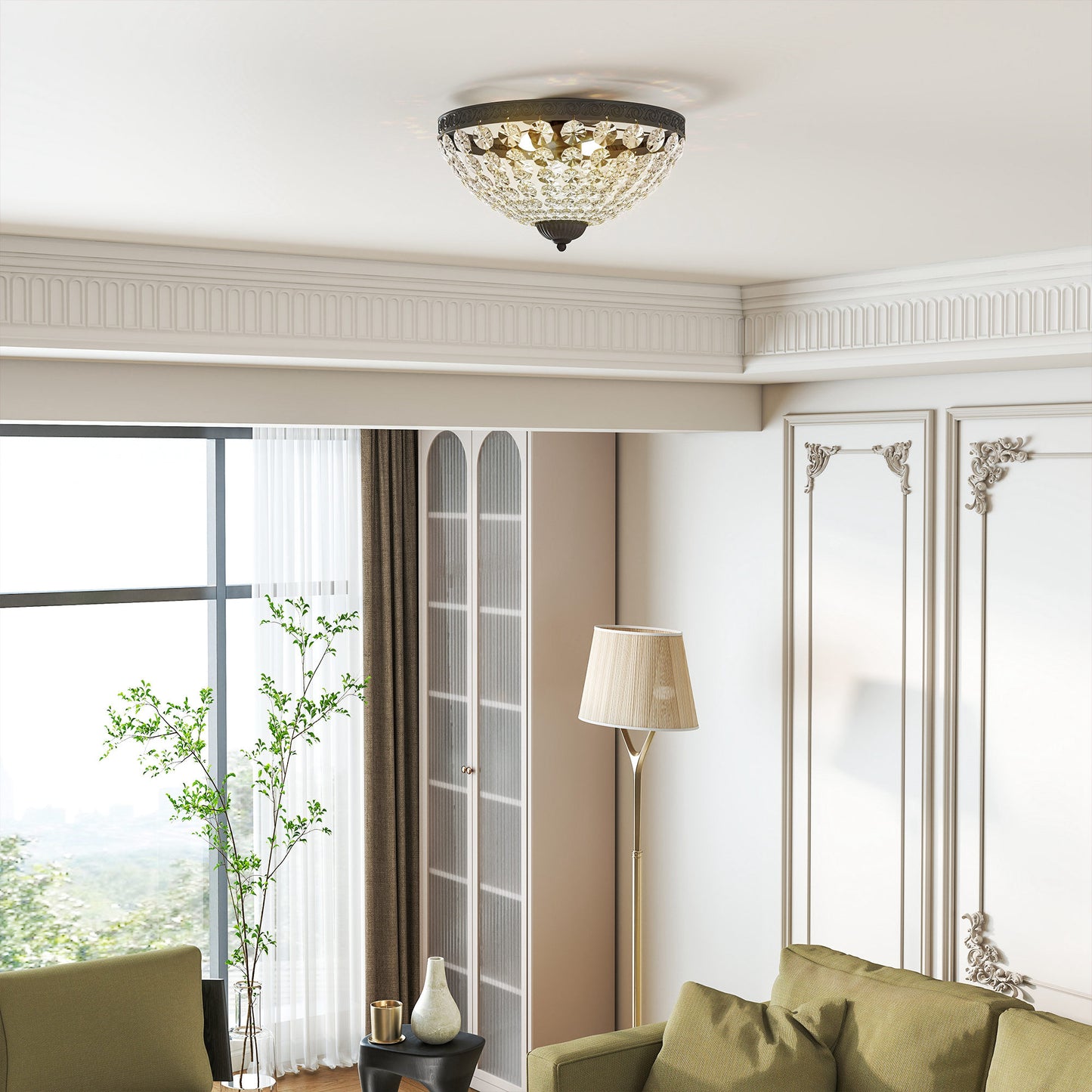 HOMCOM Crystal Chandelier Ceiling Light, 2-Light Flush Mount with 168 Octagonal Beads for Living Room, Bedroom, Hallway, Dining Room, Black