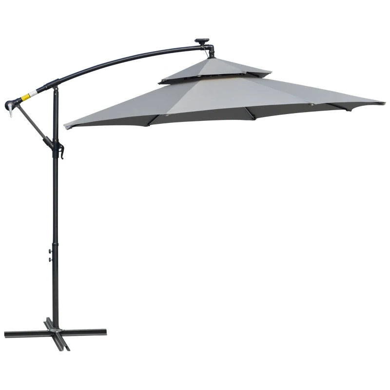 Outsunny 3m Cantilever Banana Parasol Hanging Umbrella with Double Roof, LED Solar lights, Crank, 8 Sturdy Ribs and Cross Base for Outdoor, Garden, Patio, Light Grey
