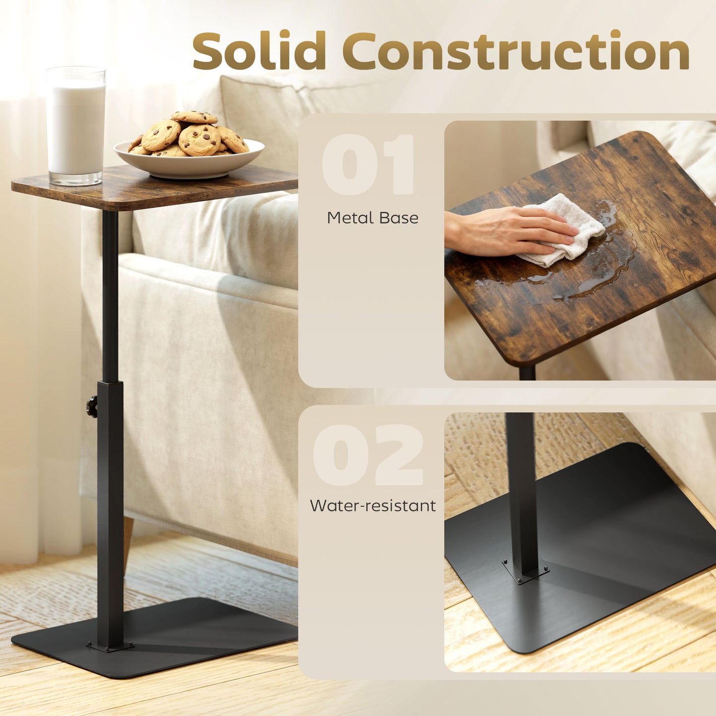 HOMCOM C Shaped Side Table, Small End Table with Adjustable Height and Metal Base for Living Room, Bedroom, Rustic Brown