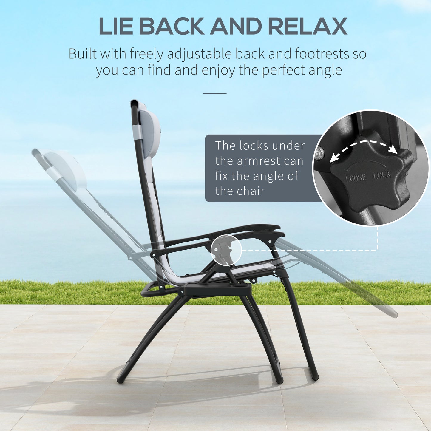 Outsunny Zero Gravity Lounger Chair Set of 2, Folding Reclining Patio Chair with Padded Seat, Cup Holder, Cushion, Headrest for Poolside, Grey