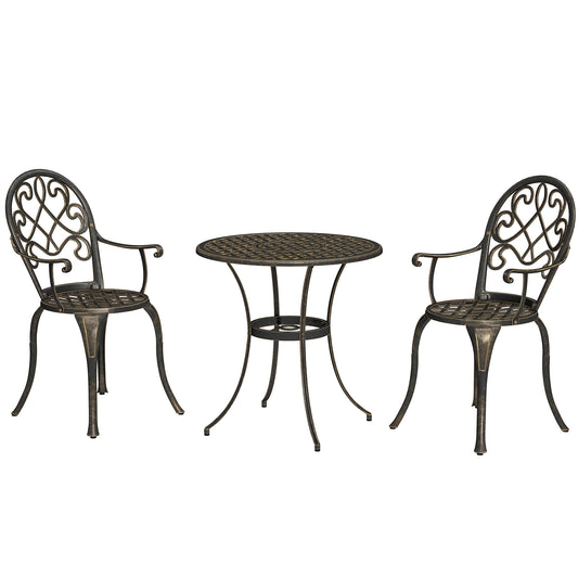 Outsunny 3 Piece Patio Bistro Set for 2, Outdoor Aluminium Garden Table and Chairs with Adjustable Footpads for Balcony, Garden and Patio, Bronze Tone