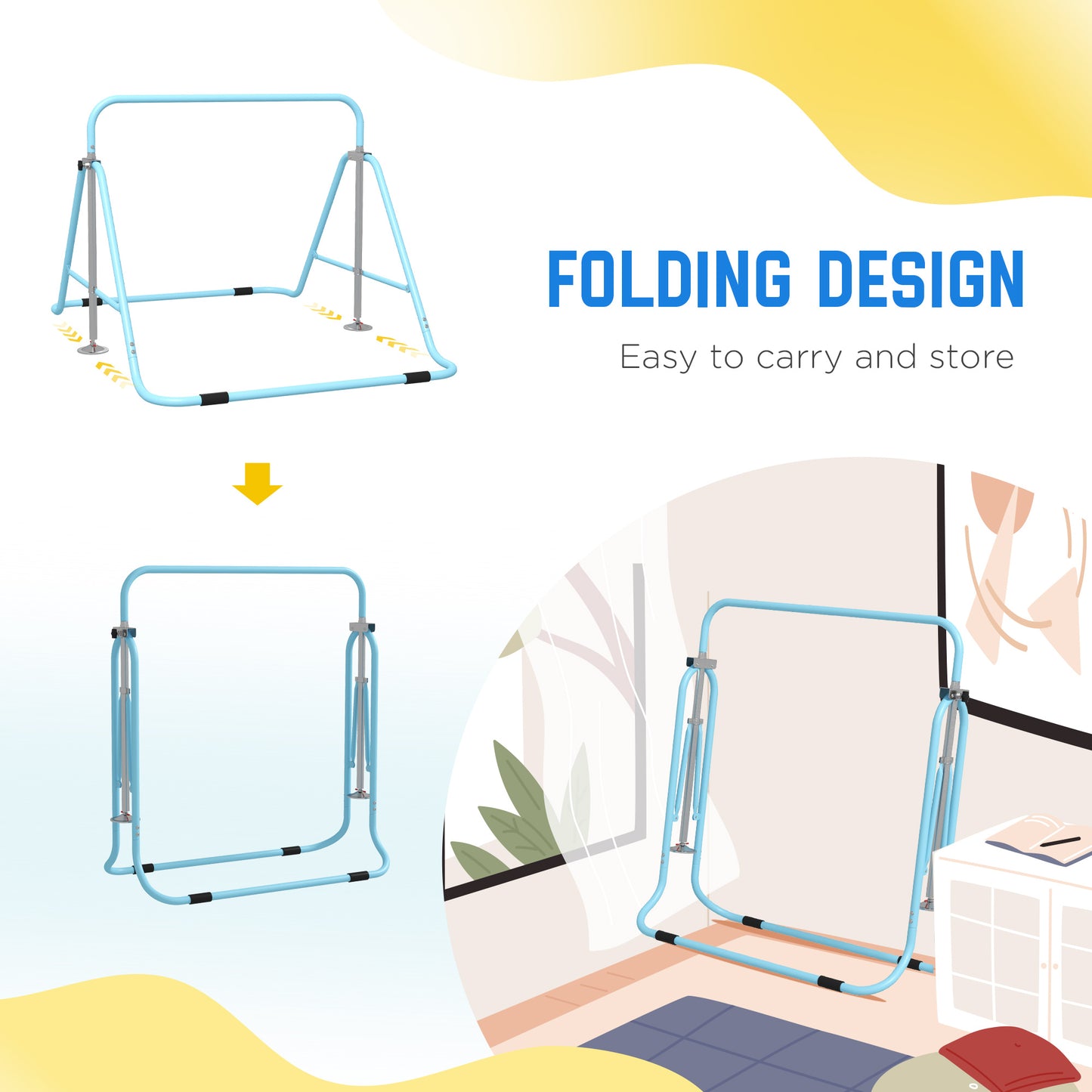 HOMCOM Kids Gymnastics Bar w/ Adjustable Height Foldable Horizontal Bars Green