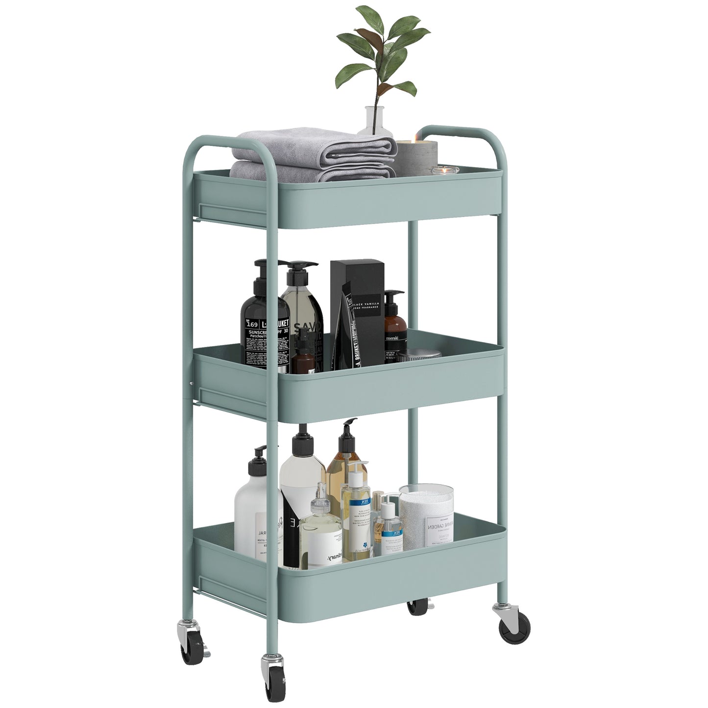 HOMCOM 3-tier Storage Trolley on Wheels, Metal Storage Cart, Rolling Ultility Cart with 3 Mesh Baskets for Living Room, Kitchen, Light Blue