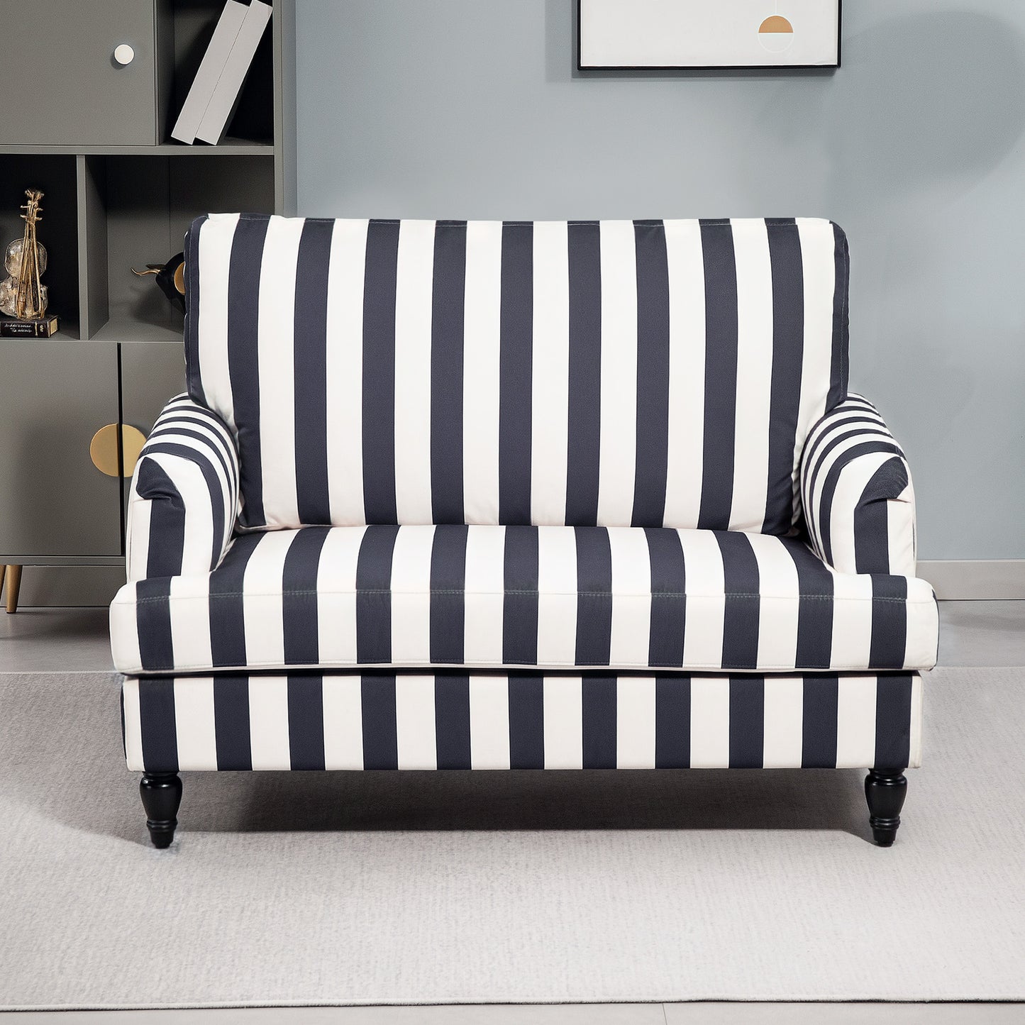HOMCOM Modern Cuddle Chair, Velvet Single Sofa Armchair with Stripe, Turned Legs, Wide Seat, Upholstered Snuggle Chair, Black and White