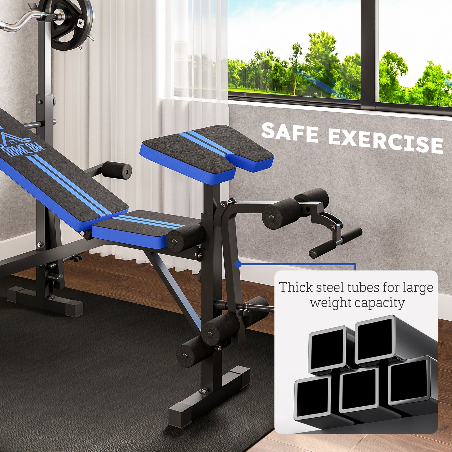 HOMCOM Adjustable Weight Bench with Leg Developer & Barbell Rack for Strength Training, Multifunctional Home Gym Workout Station, Blue