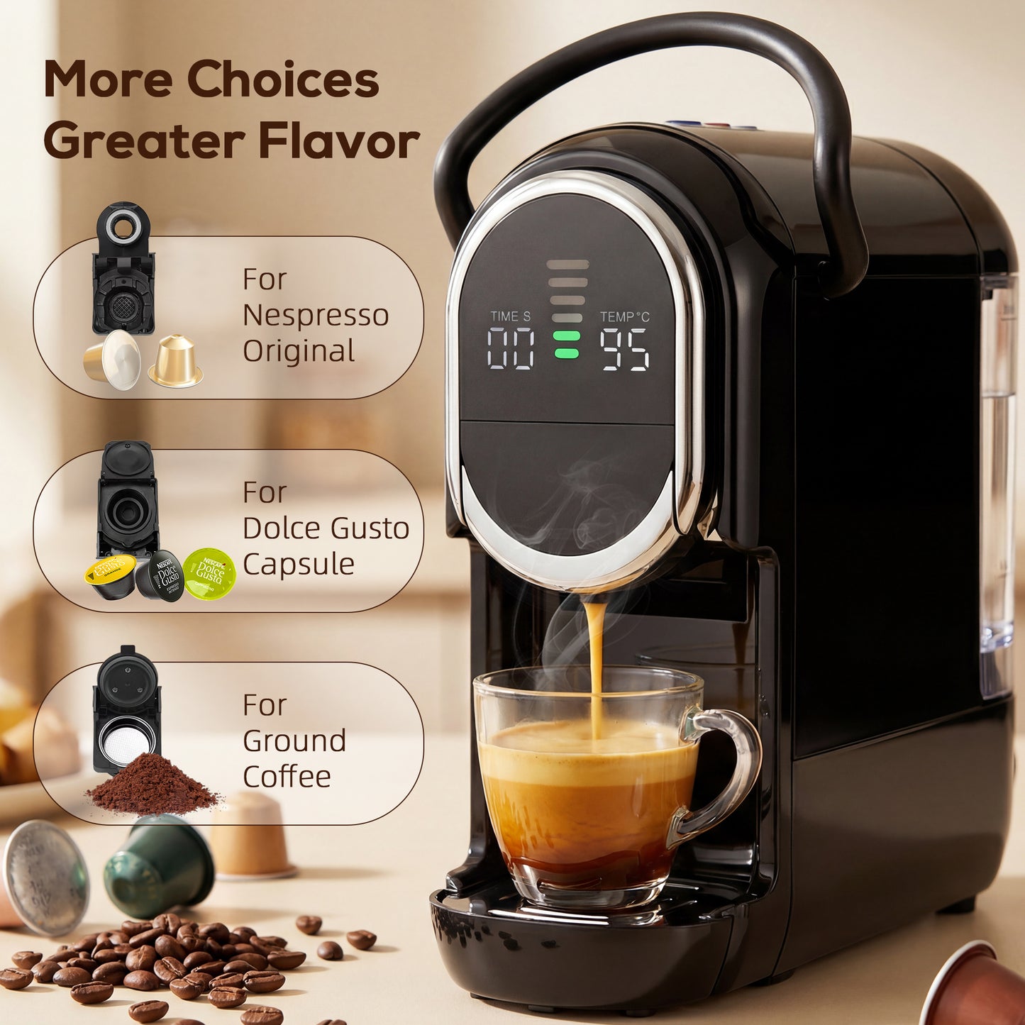 HOMCOM Pod Coffee Machine for Nespresso, Dolce Gusto Capsule & Ground Coffee, Small Semi Automatic Coffee Maker 0.6L