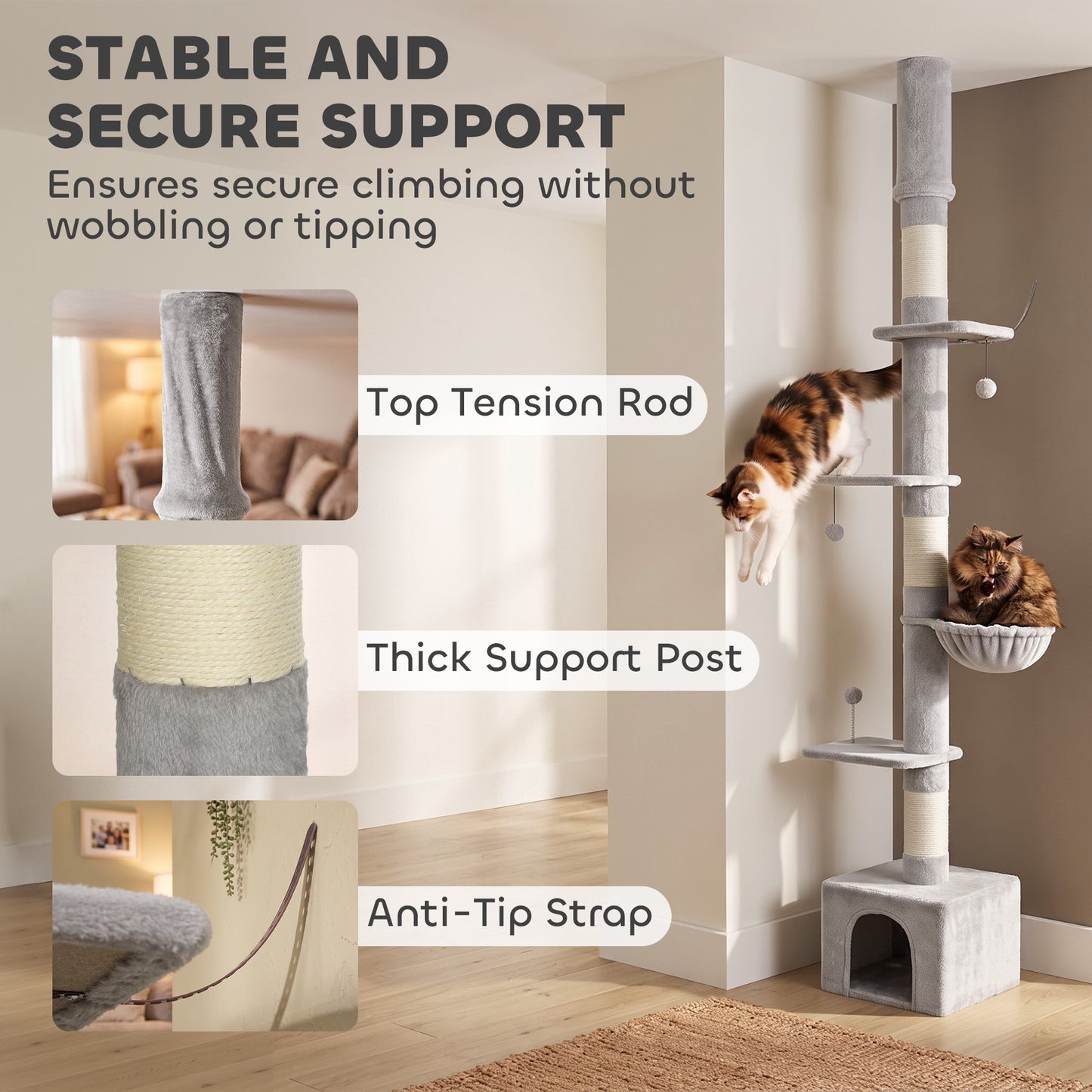 PawHut Floor to Ceiling Cat Tree, 230-250cm Multi-Level Cat Tower with Adjustable Height, Scratching Posts, Condo, Platforms