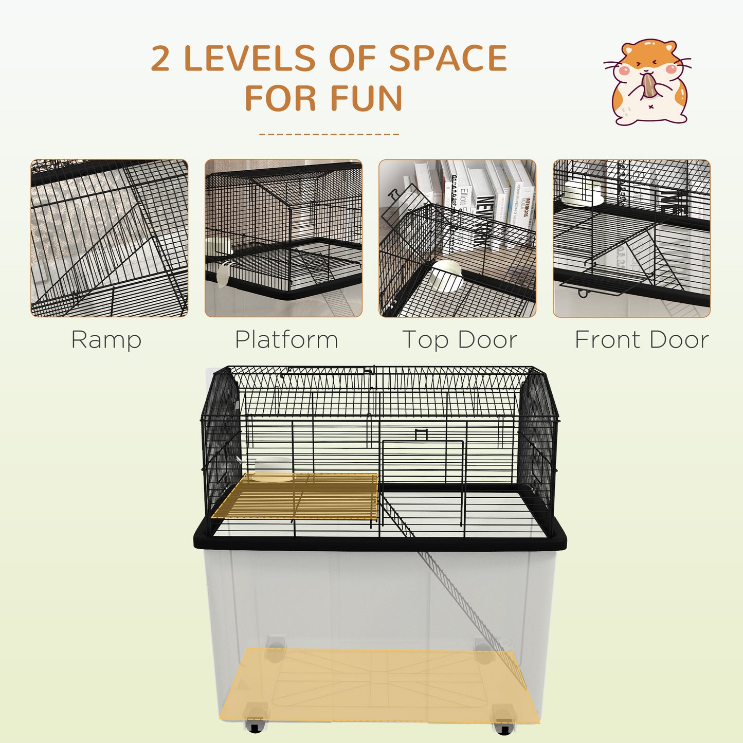 PawHut Two-Tier Gerbil Cage Hamster Cage for Dwarf Hamster Syrian Hamster w/ Wheels Deep Bottom Food Dish Water Bottle