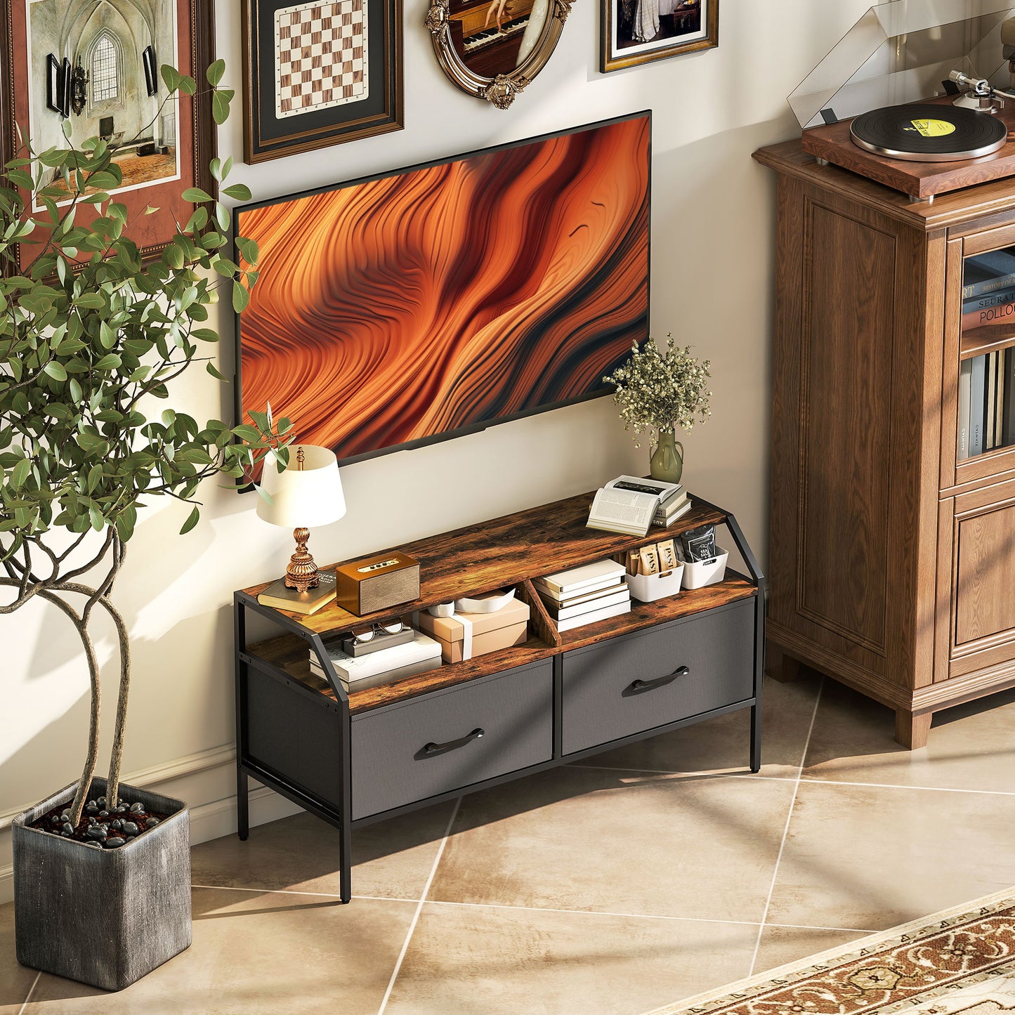HOMCOM TV Stand Cabinet for 55-inch TVs, 2 Foldable Fabric Drawers, 5 Side Pockets, Open Shelves, Console Table, Rustic Brown