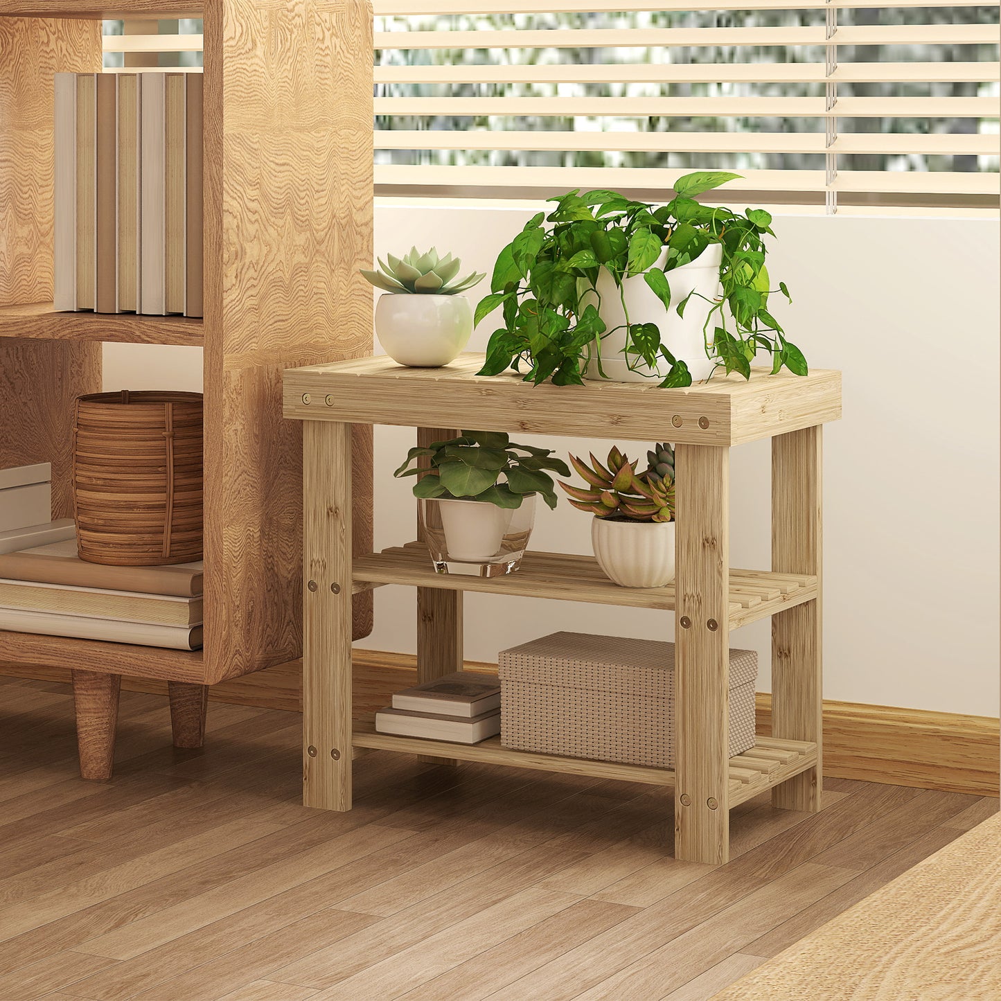HOMCOM 3-Tier Bamboo Shoe Storage Bench - Nature Wood Finish