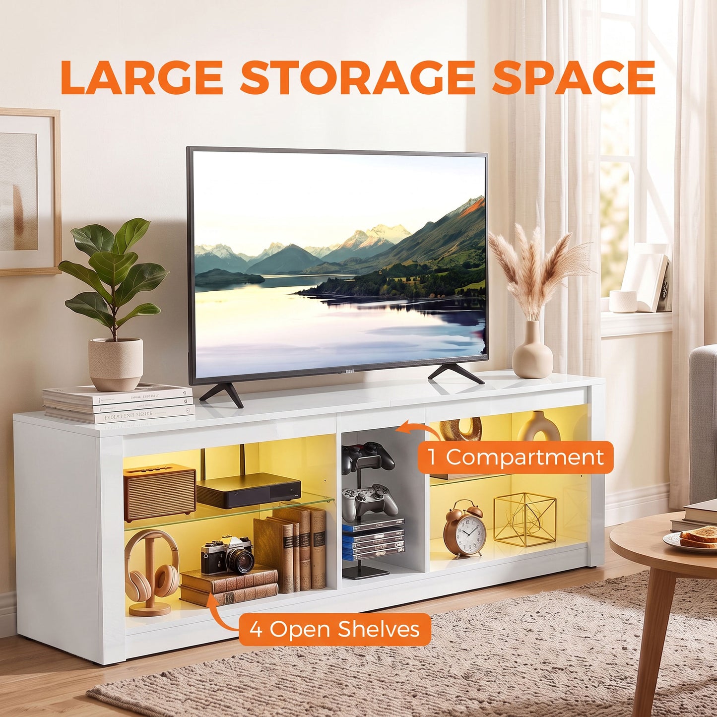 HOMCOM TV Stand Cabinet with LED Lights and Remote Control for TVs up to 65", Entertainment Centre with Storage Shelves, White