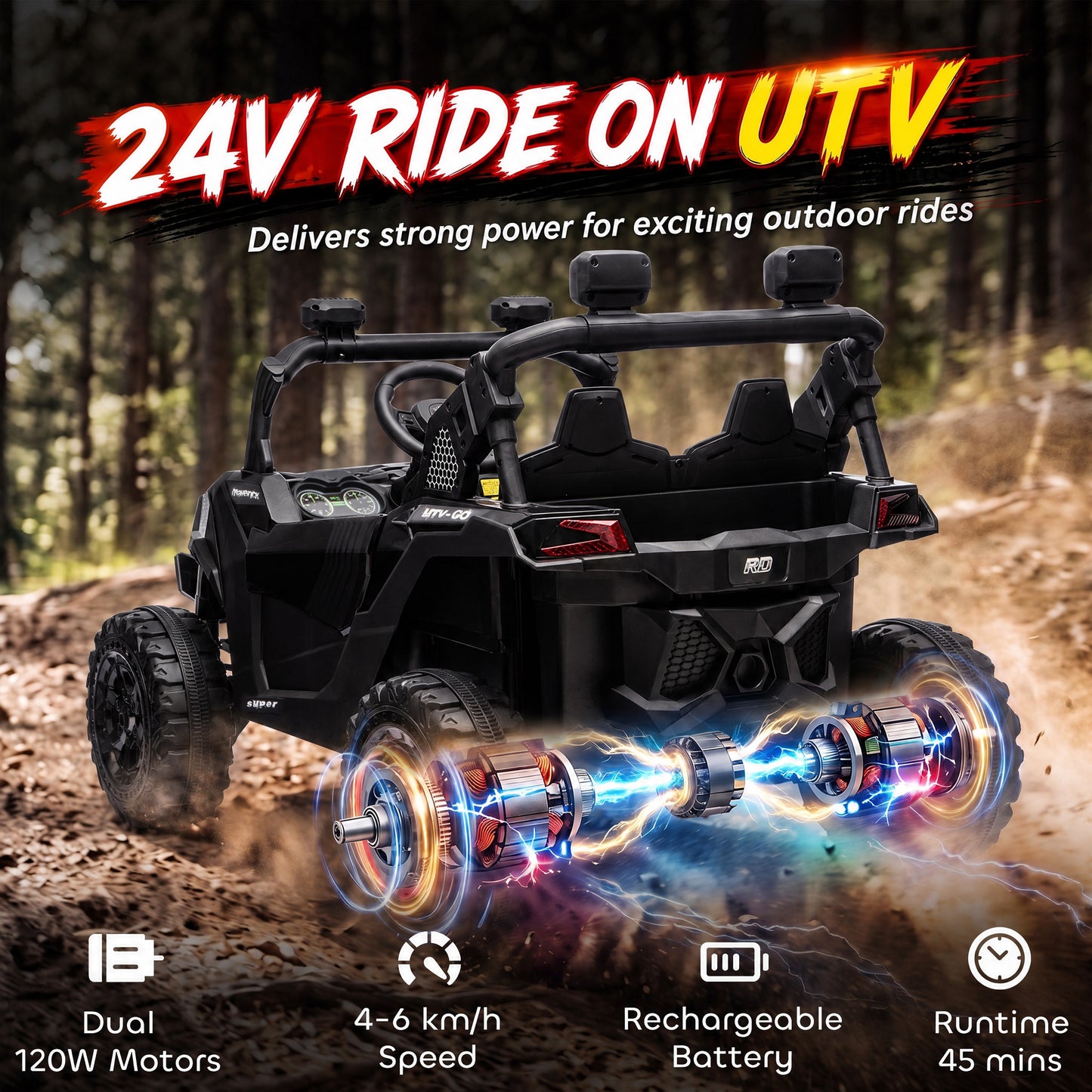 AIYAPLAY 24V 2 Seater Ride On Truck Car for Big Kids with Remote Control, Dual Motors, 4-Wheel Suspension for Ages 3-8, Black