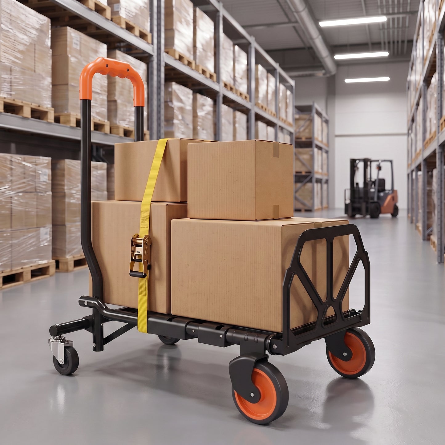 HOMCOM Steel 2-in-1 Folding Hand Truck on Wheels,  Foldable Trolley with Foldable Base, 120kg, Black and Orange