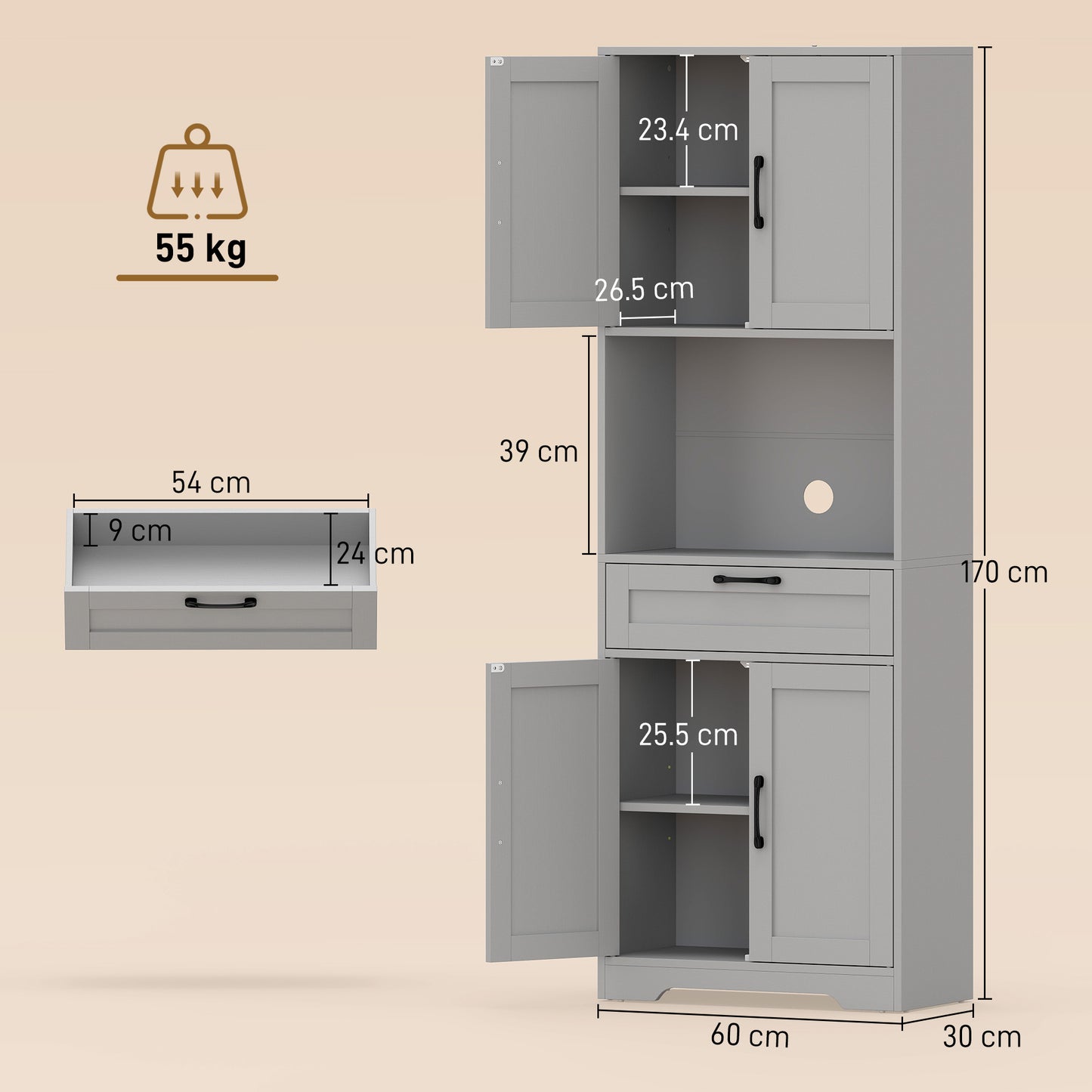 HOMCOM 170 cm Tall Kitchen Pantry with Adjustable Shelves, Freestanding Storage Cabinet with Open Shelf, Grey