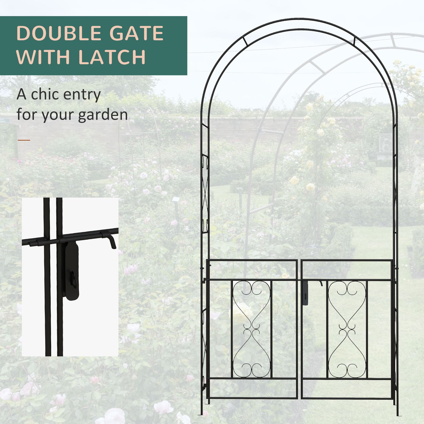 Outsunny Garden Arch with Double Gates, Metal Arbor for Climbing Plants, 114L x 36W x 232H cm, Black
