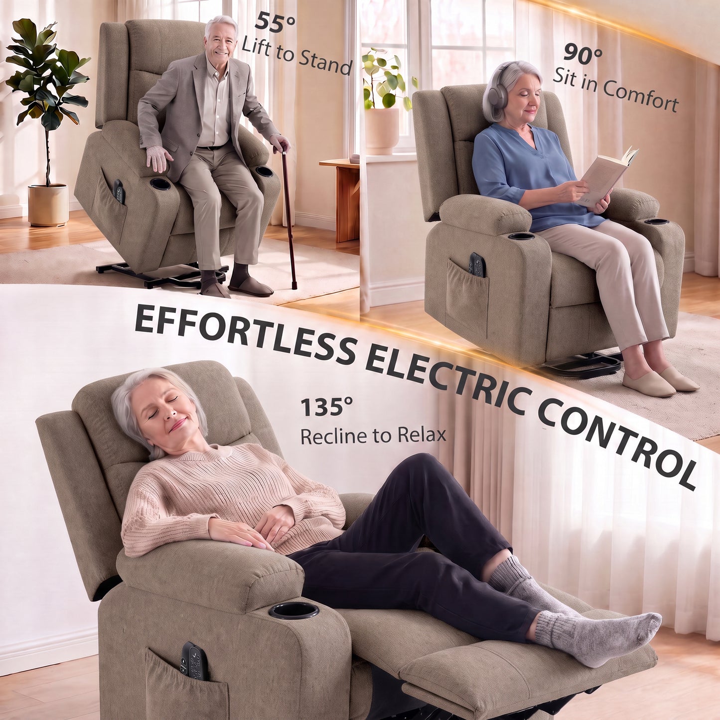 HOMCOM Riser Recliner Chair with Massage and Heat, Linen Electric Lift Armchair for Elderly with Spring Cushion, Brown