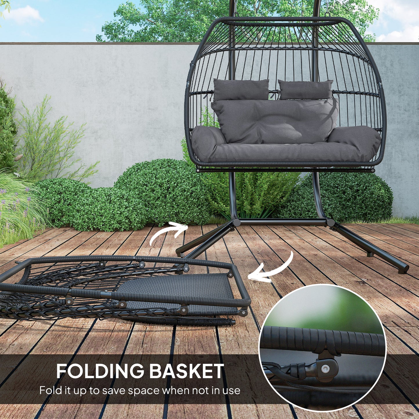 Outsunny Rattan Double Hanging Egg Chair with Stand, Foldable Wicker, Cushion & Head Pillows, 260 kg Capacity, Steel Frame, Indoor/Outdoor, Dark Grey