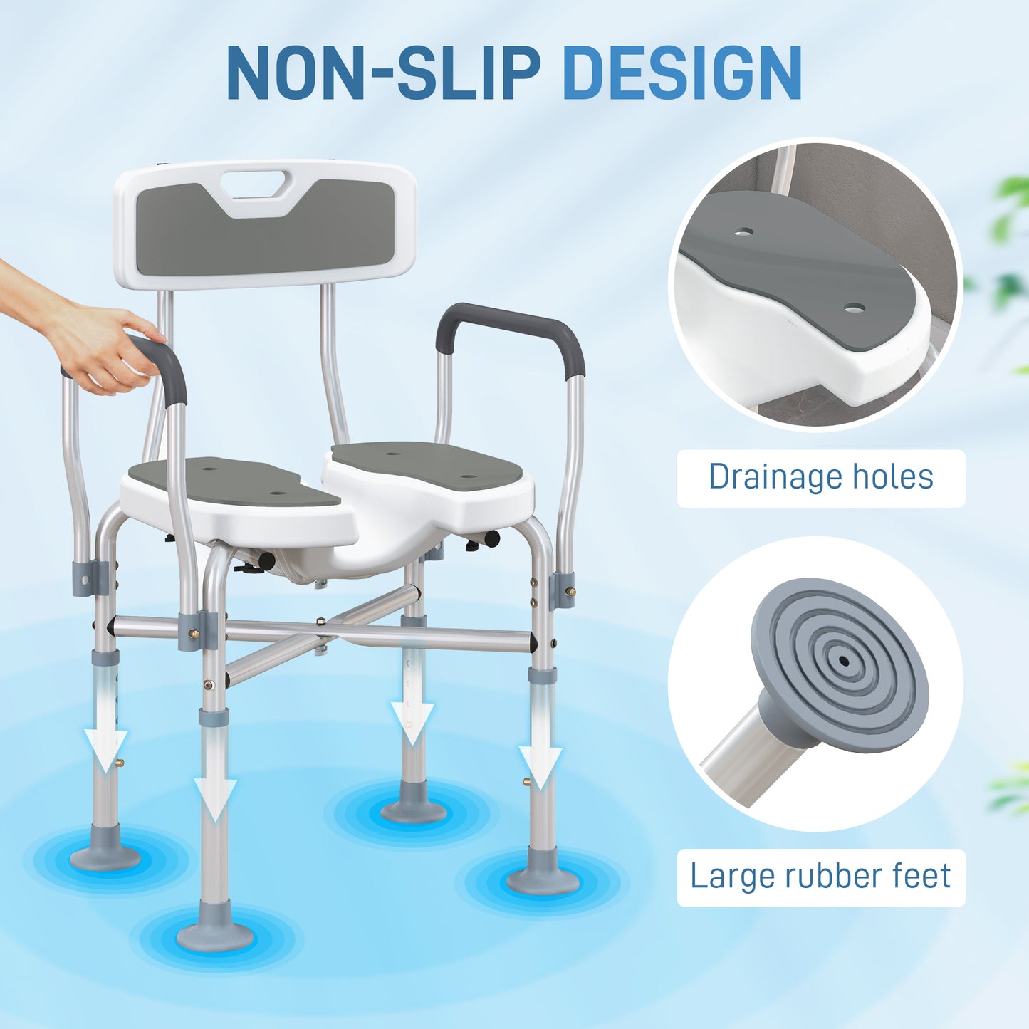 HOMCOM Shower Chair, Upgraded U-shaped Seat, Height Adjustable, Non-slip Feet, Tool-Free, Grey