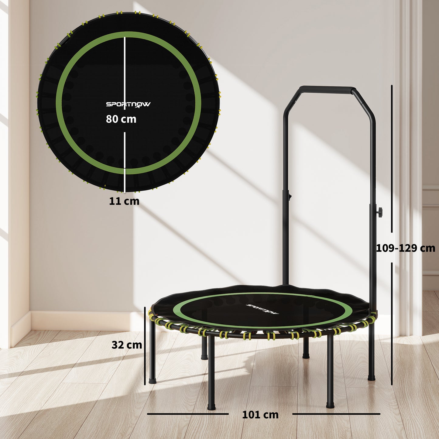 SPORTNOW 40'' Foldable Fitness Trampoline, Mini Rebounder with 5-Level Adjustable Handle for Adults Indoor/Outdoor Exercise, Green