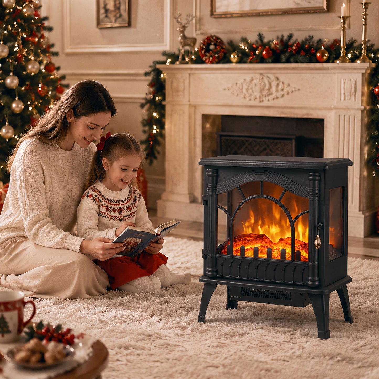 HOMCOM 3-Sided Glass Electric Fire Fan Heater, Electric Fireplace Stove Freestanding Log Burner with Flame Effect, Black