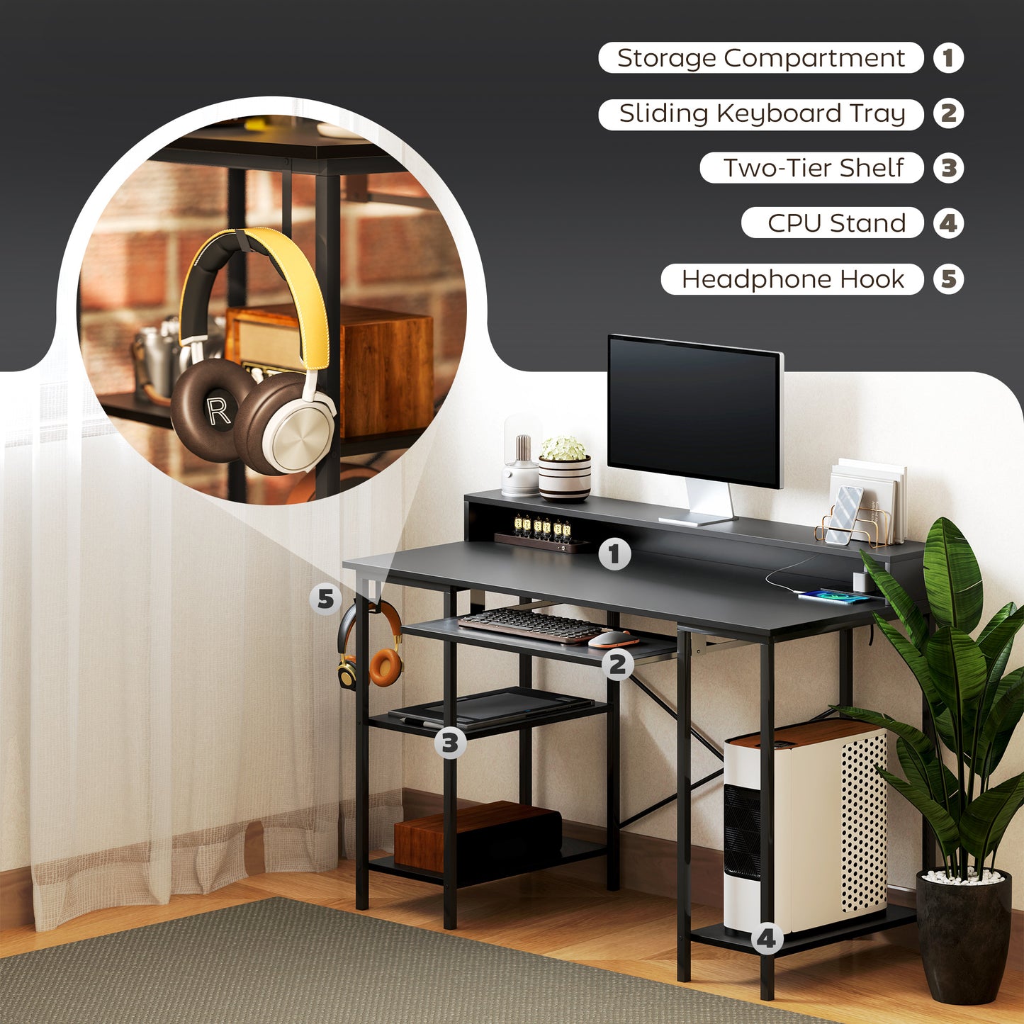 HOMCOM Reversible Computer Desk with LED, Power Outlets, Monitor Stand, Keyboard Tray, Storage Shelves, 120x55cm. Industrial Office Desk, Black