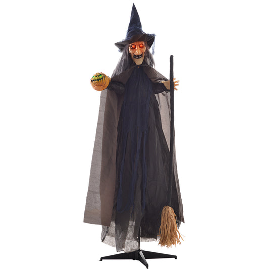 HOMCOM 190cm Witch with Broomstick Halloween Animatronic, Sound & Lights