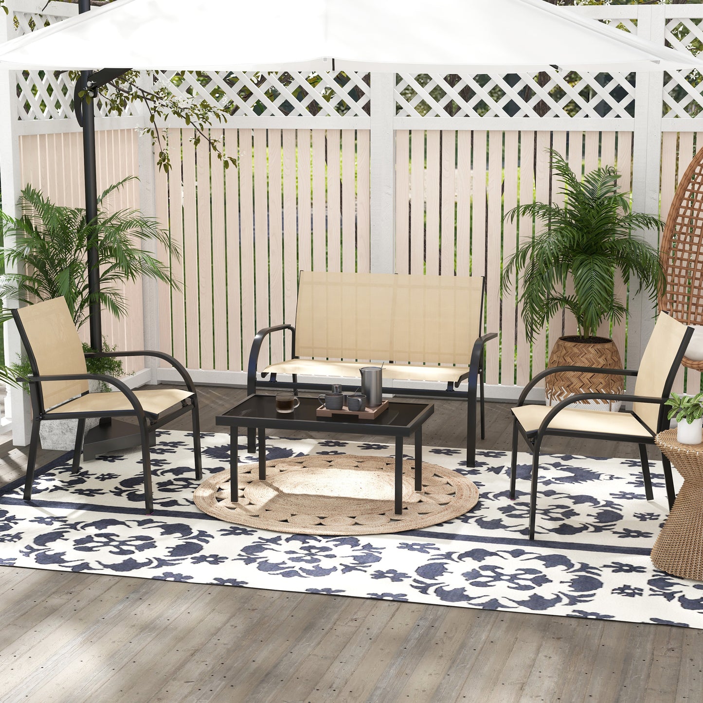 Outsunny 4-Piece Curved Steel Patio Furniture Set - Beige