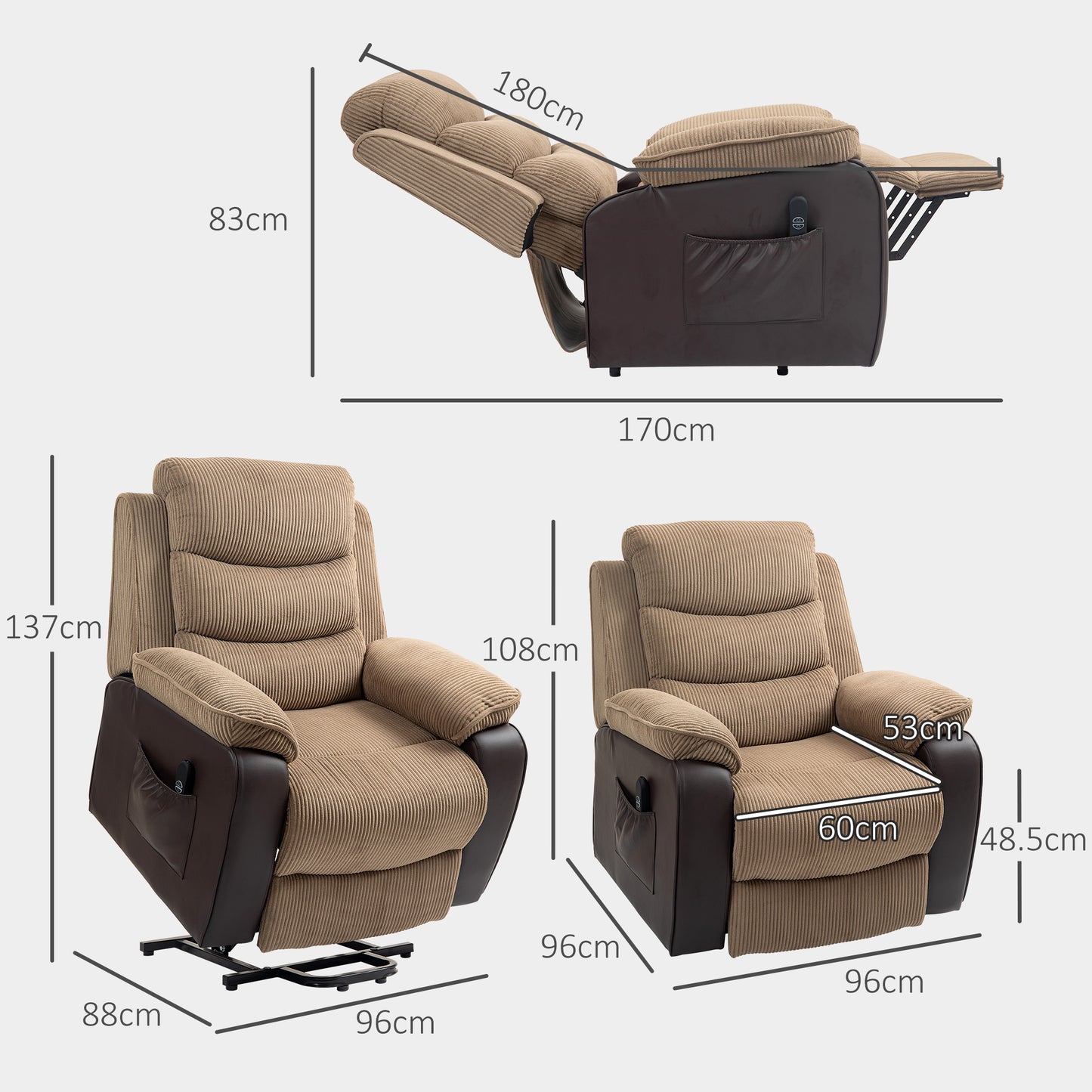 HOMCOM Power Lift Recliner Chair, Patchwork Oversized Electric Armchair, Brown