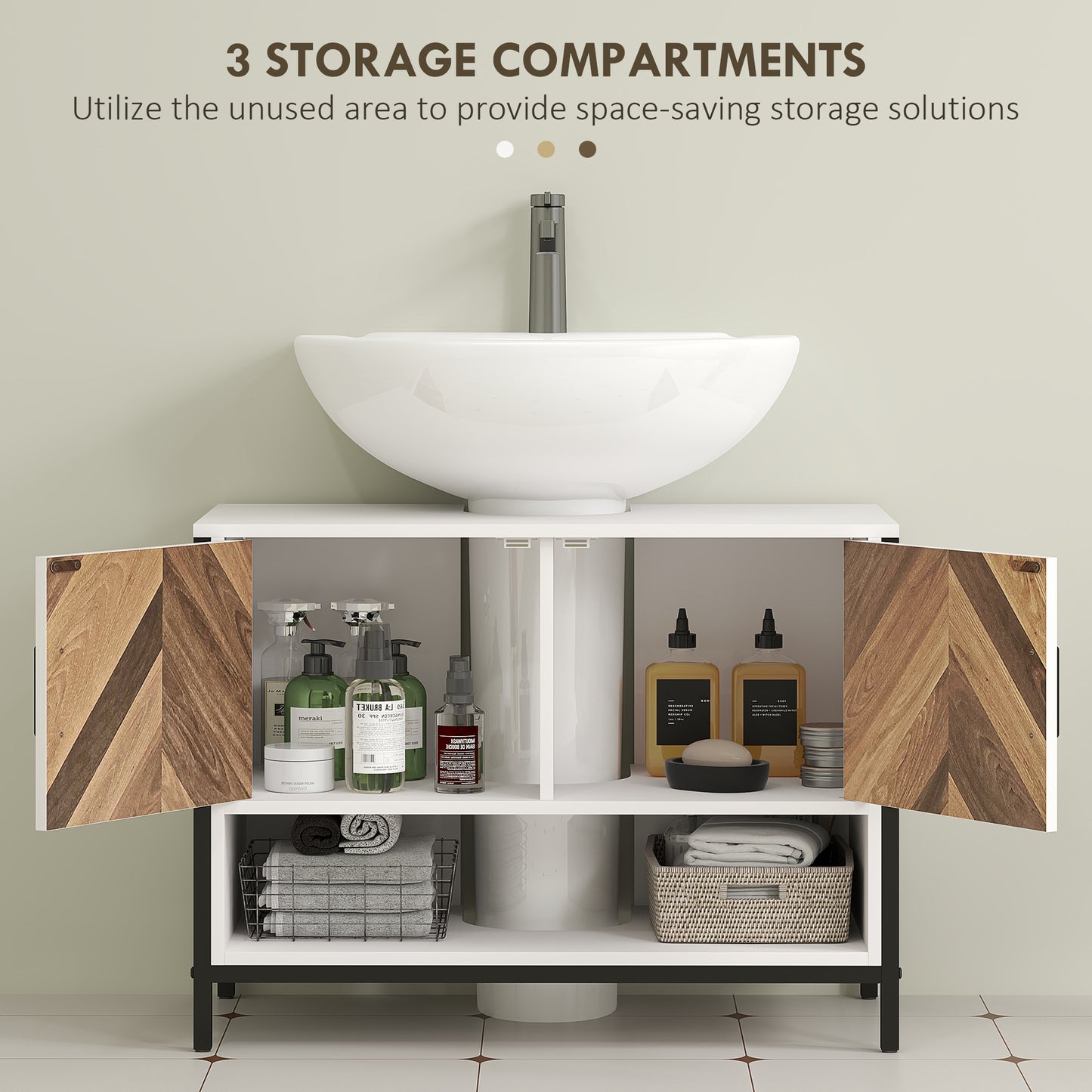 HOMCOM Under Sink Bathroom Cabinet, Rustic Herringbone Doors, 80 x 40 x 60 cm, White