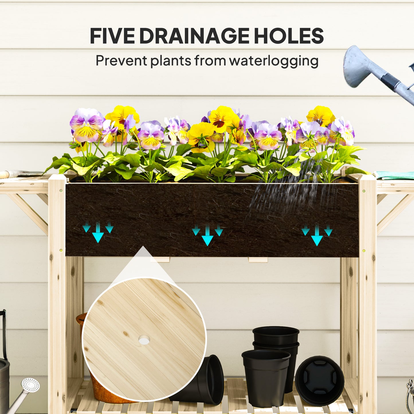 Outsunny Raised Garden Bed, Wooden Planter Box with Wheels, Side Tables, Shelf, Liner & Drainage Holes