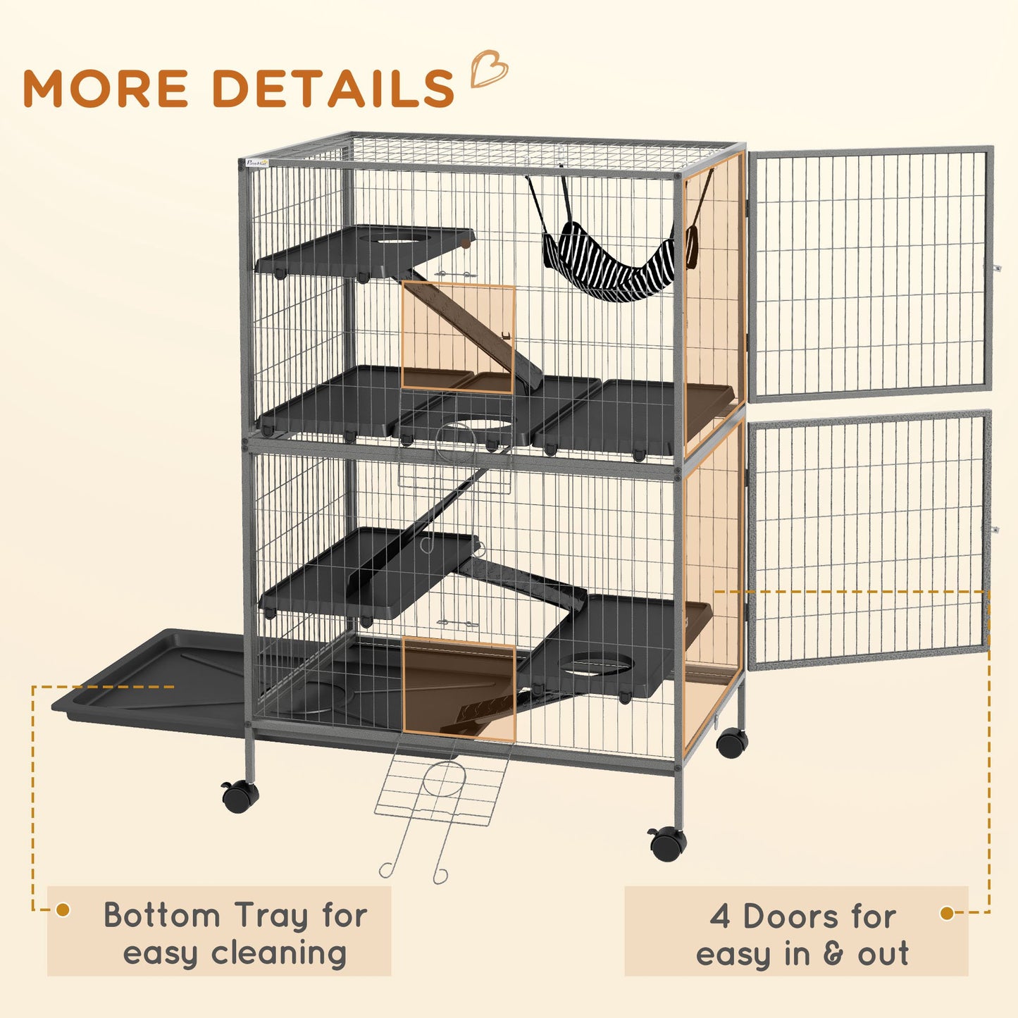 PawHut Small Animal Cage for Chinchilla Ferret Kitten on Wheels with Hammock Removable Tray Silver Grey