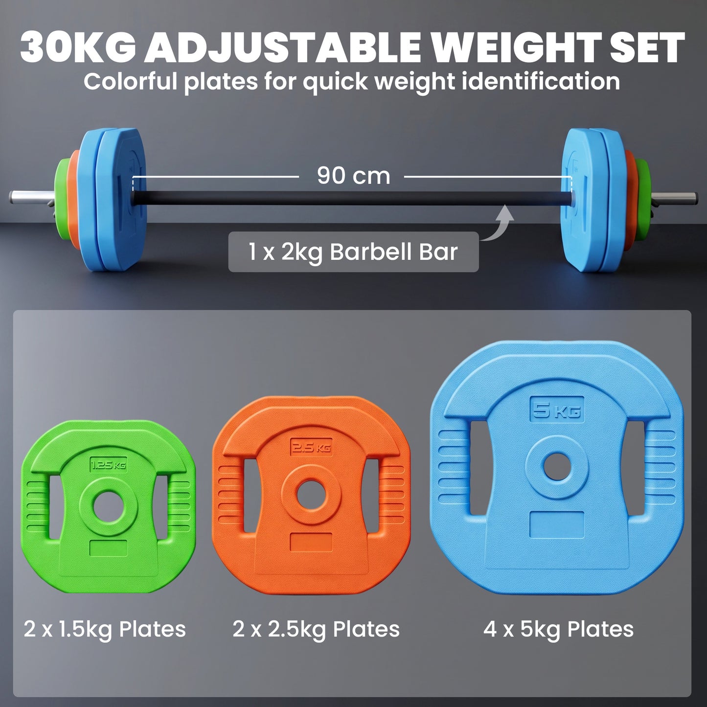 SPORTNOW 30 kg Adjustable Barbell Weights Set, Barbell Bar with Weight Plates, Non-slip Handle, Multicolour