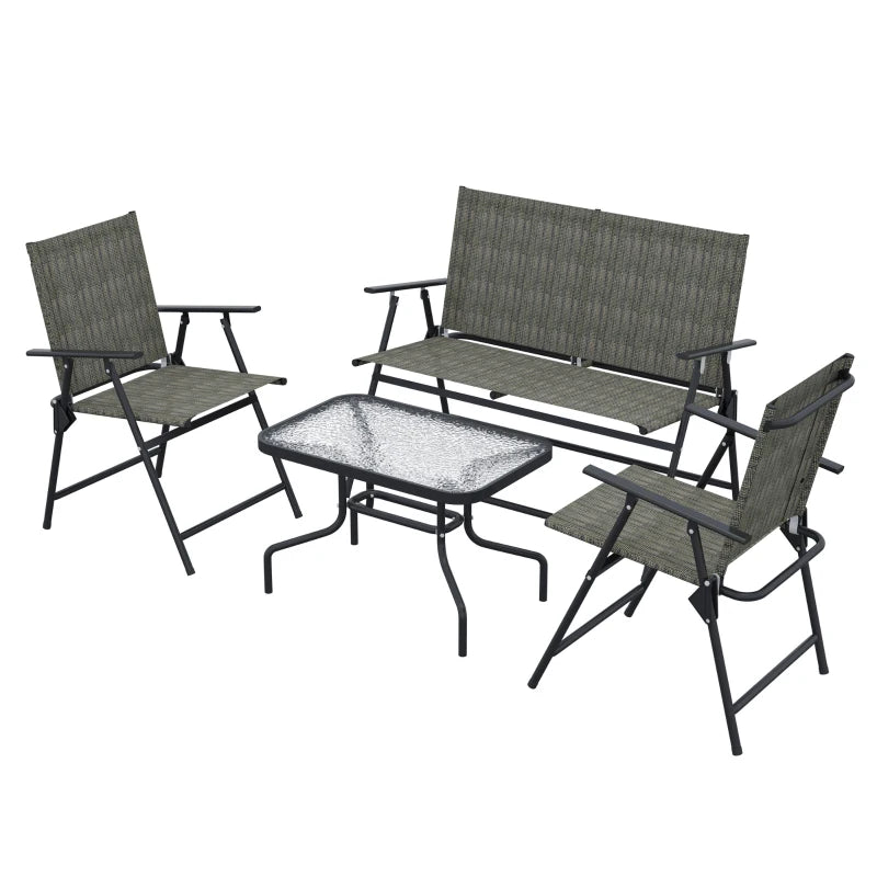 Outsunny Outdoor 4 Pieces Patio Furniture Set with Breathable Mesh Fabric Seat & Backrest, Garden Set with Two Foldable Armchairs, a Loveseat & Glass Top Table, Mixed Brown