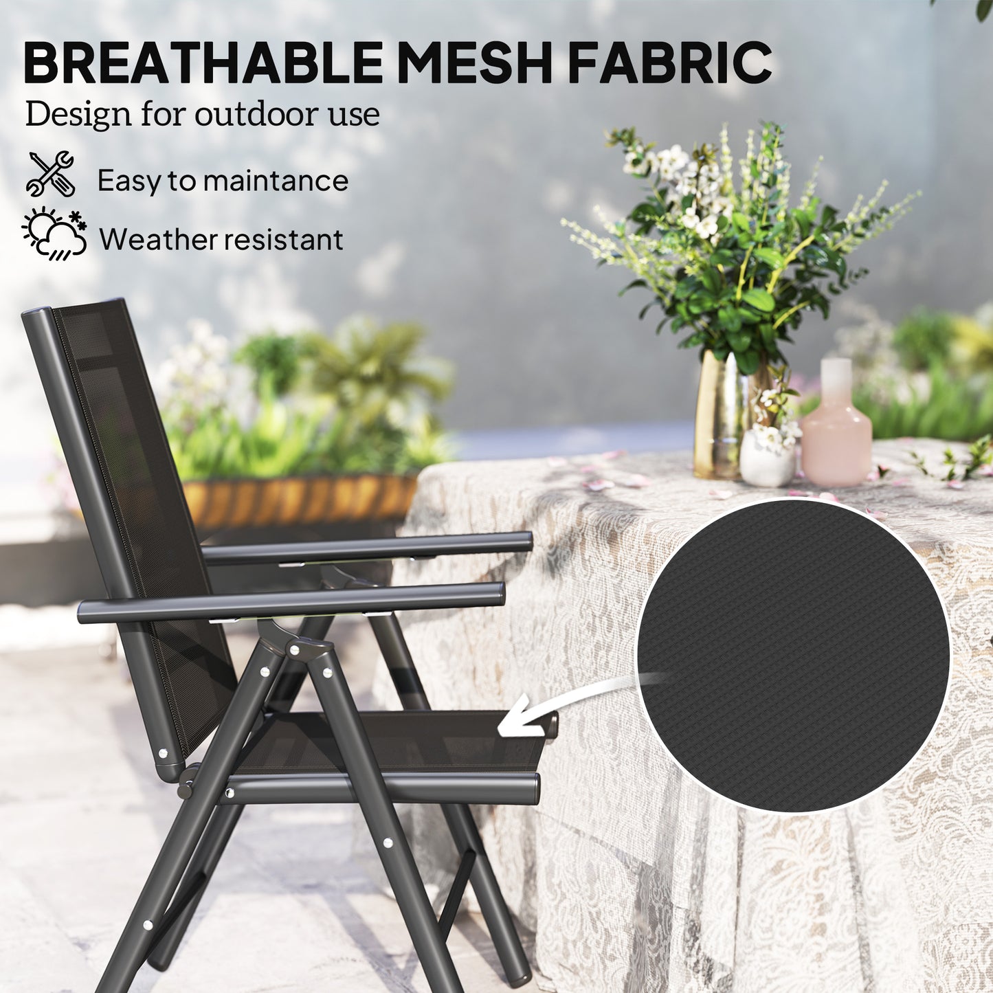 Outsunny Set of 2 Folding Aluminium Camping Chairs, Mesh Back & Seat, with Armrests for Patio, Black