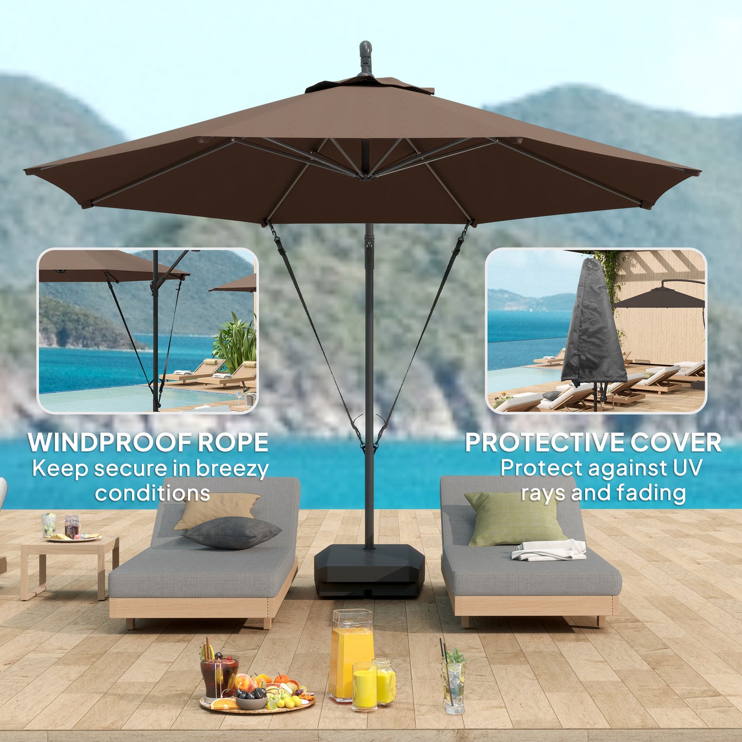 Outsunny Garden Cantilever Parasol with Base, Strap, Cover, Crank Handle, Tilt, UPF50+, Patio Umbrella for Sun Shade, Brown