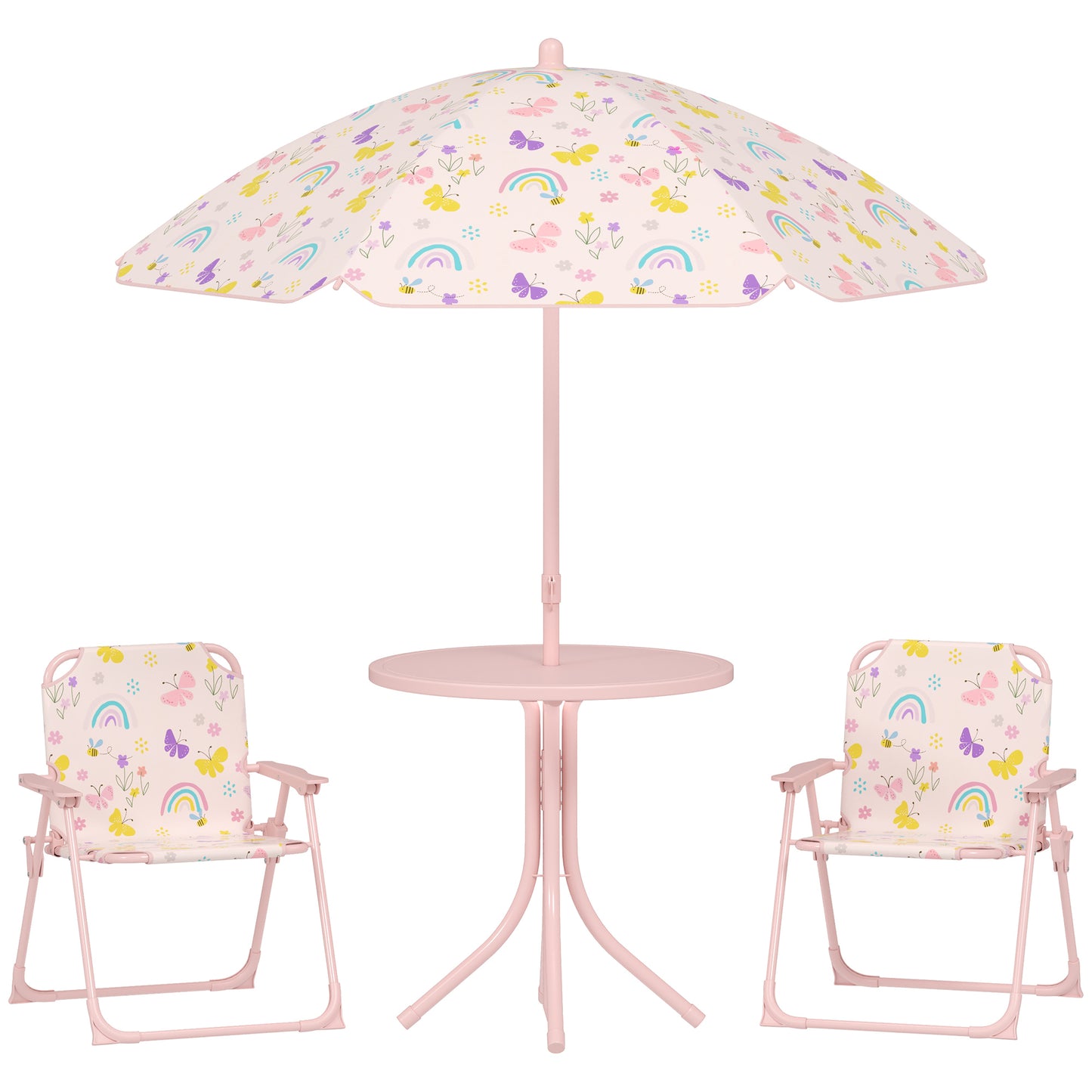 AIYAPLAY 4 Pieces Kids Garden Table and Chair Set with Adjustable Parasol, Folding Chairs, Table, Rainbow Pattern, Pink