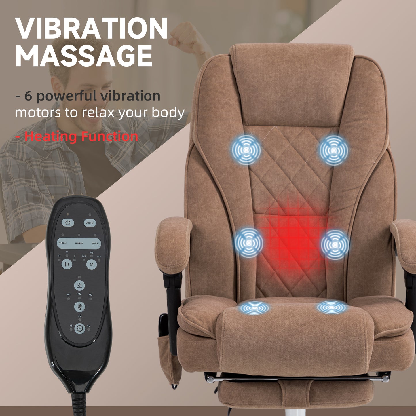 Vinsetto Massage Office Chair, Heated Reclining Computer Chair with Adjustable Height and Footrest, Brown