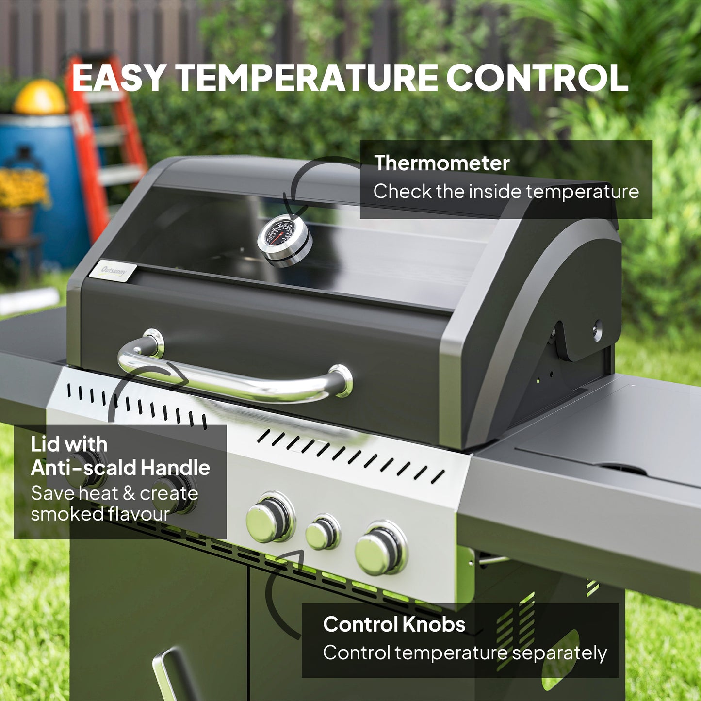 Outsunny 4+1 Burner Gas BBQ Grill, Clear View Lid, Thermometer, Side Table, Cabinet, Wheels, Grease Tray, Garden Outdoor Cooking, Black